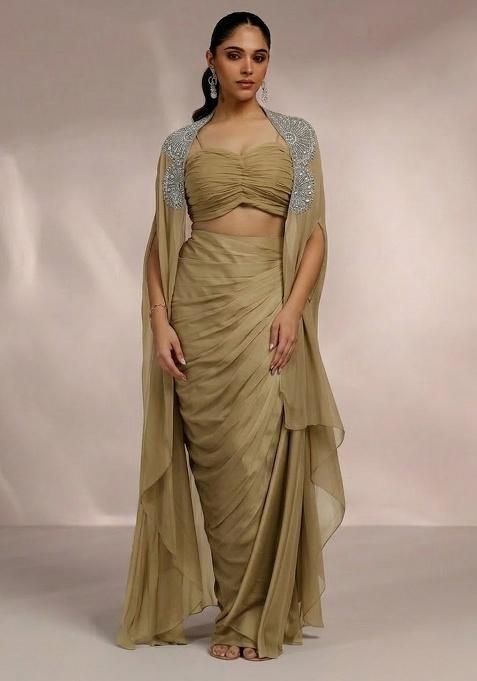 Beige Satin Handwork Fusion Set
