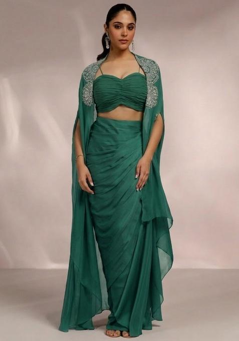 Emerald Green Satin Handwork Fusion Set