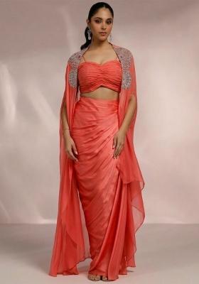 Salmon Pink Satin Handwork Fusion Set