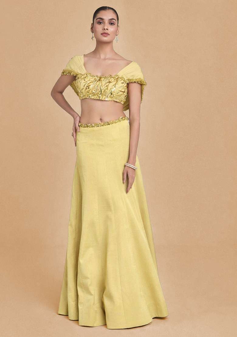 Yellow Crepe Handwork Lehenga Set - Indya