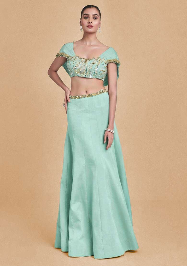 Mint Green Crepe Handwork Lehenga Set - Indya