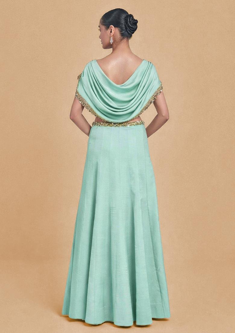 Mint Green Crepe Handwork Lehenga Set - Indya