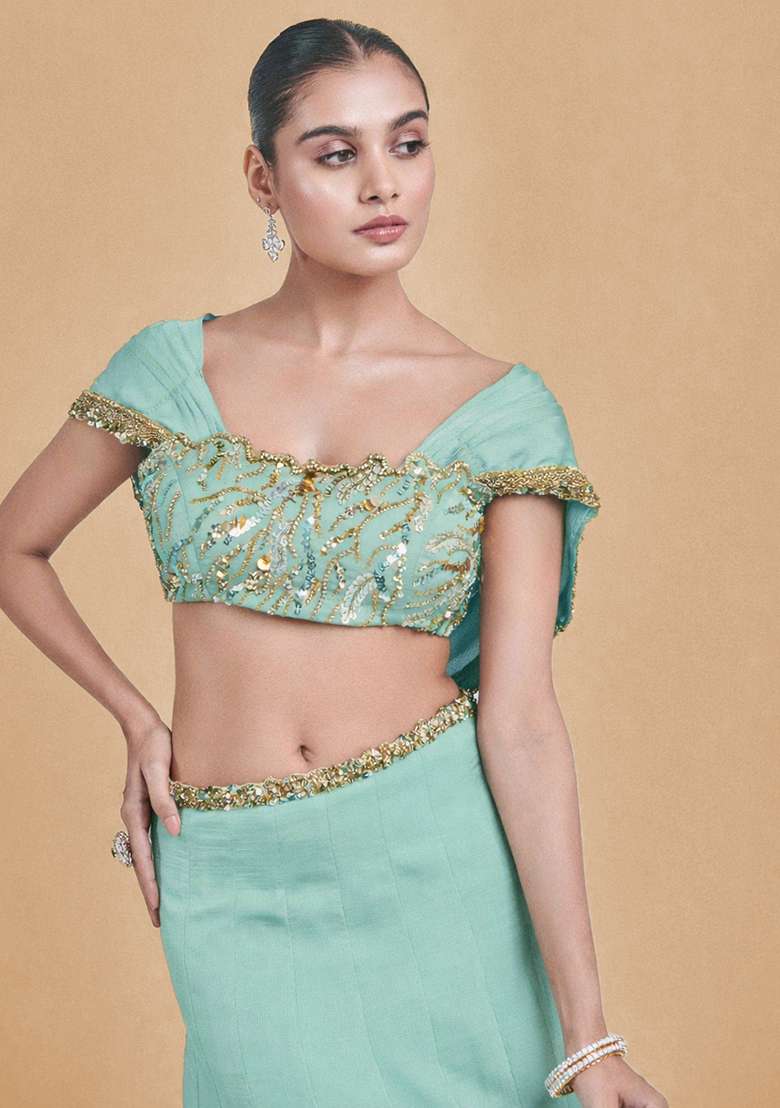 Mint Green Crepe Handwork Lehenga Set - Indya