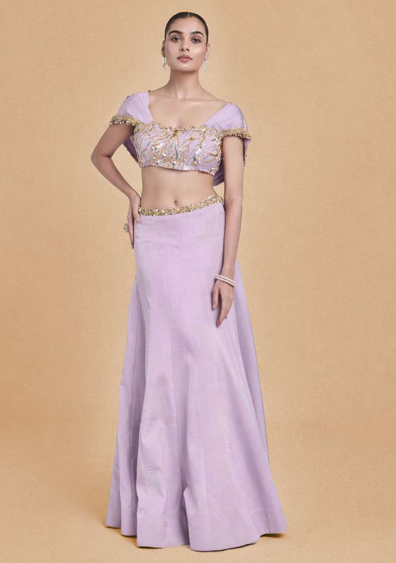 Lilac Crepe Handwork Lehenga Set - Indya