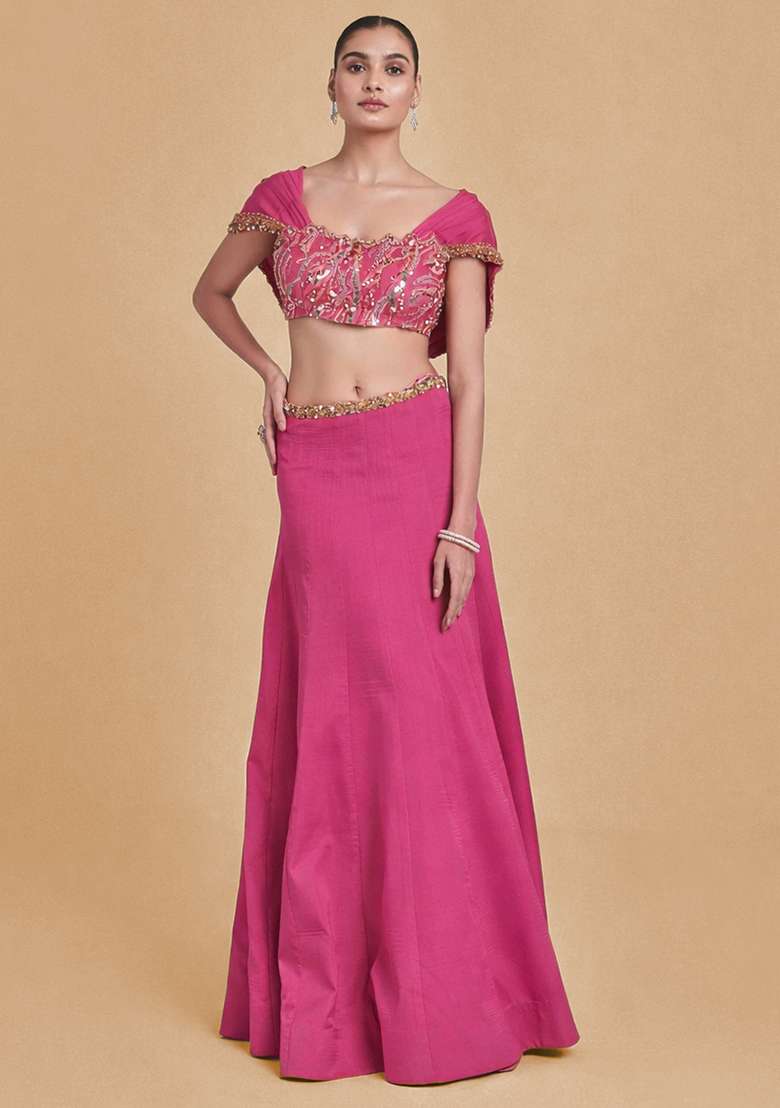 Hot Pink Crepe Handwork Lehenga Set - Indya
