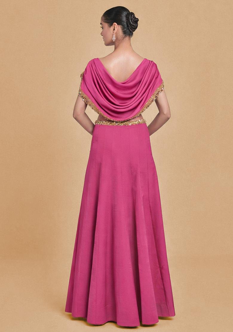 Hot Pink Crepe Handwork Lehenga Set - Indya