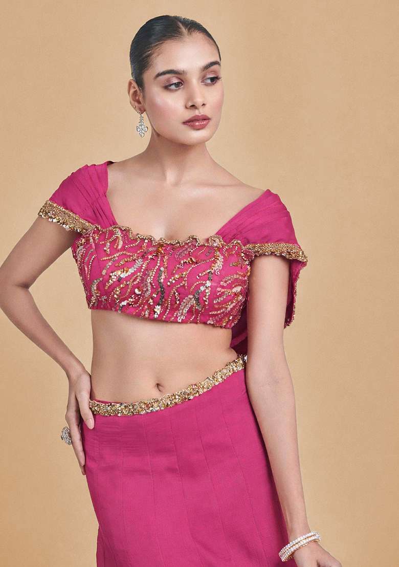 Hot Pink Crepe Handwork Lehenga Set - Indya