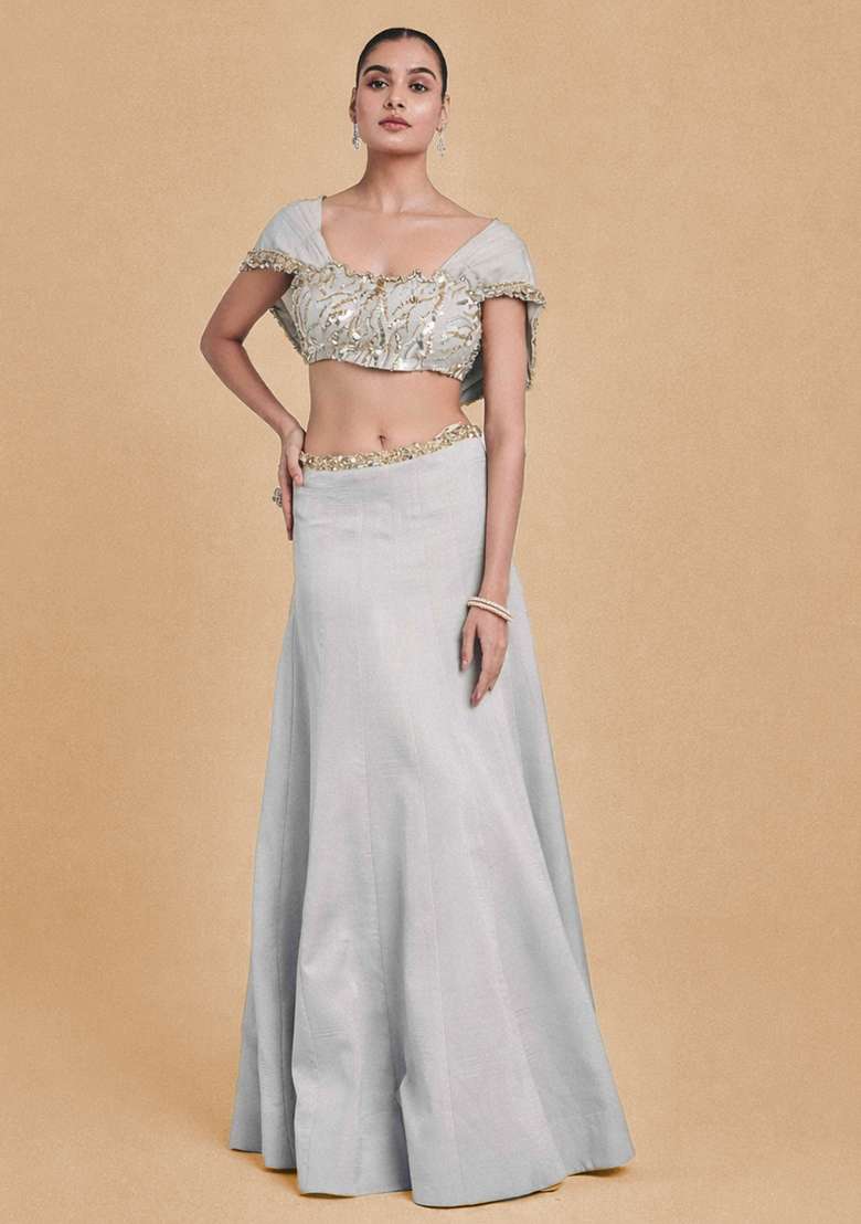 Grey Crepe Handwork Lehenga Set - Indya
