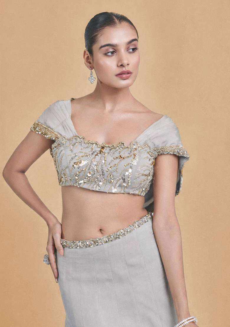 Grey Crepe Handwork Lehenga Set - Indya
