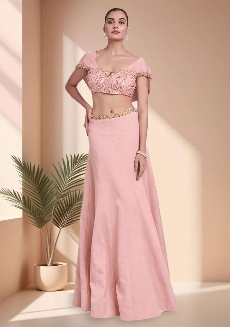 Pink Crepe Handwork Lehenga Set - Indya
