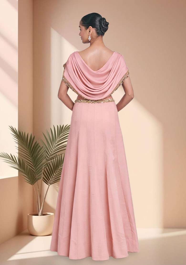 Pink Crepe Handwork Lehenga Set - Indya