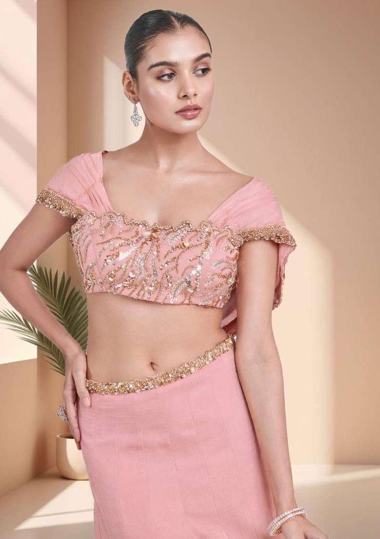 Pink Crepe Handwork Lehenga Set - Indya