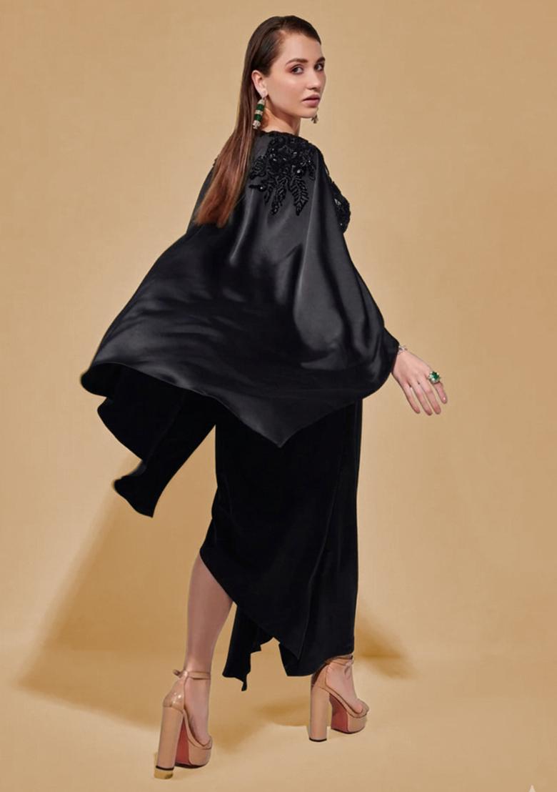 Black Satin Handwork Fusion Set - Indya