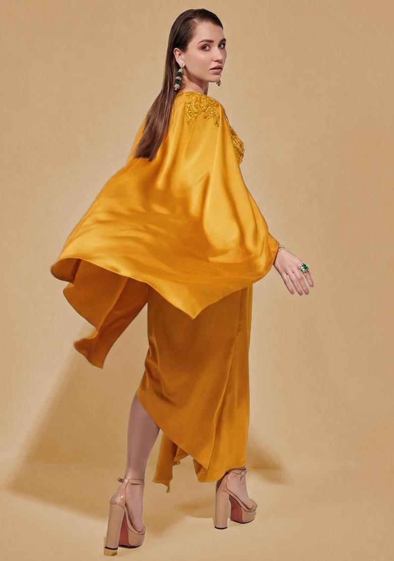 Mustard Satin Handwork Fusion Set - Indya