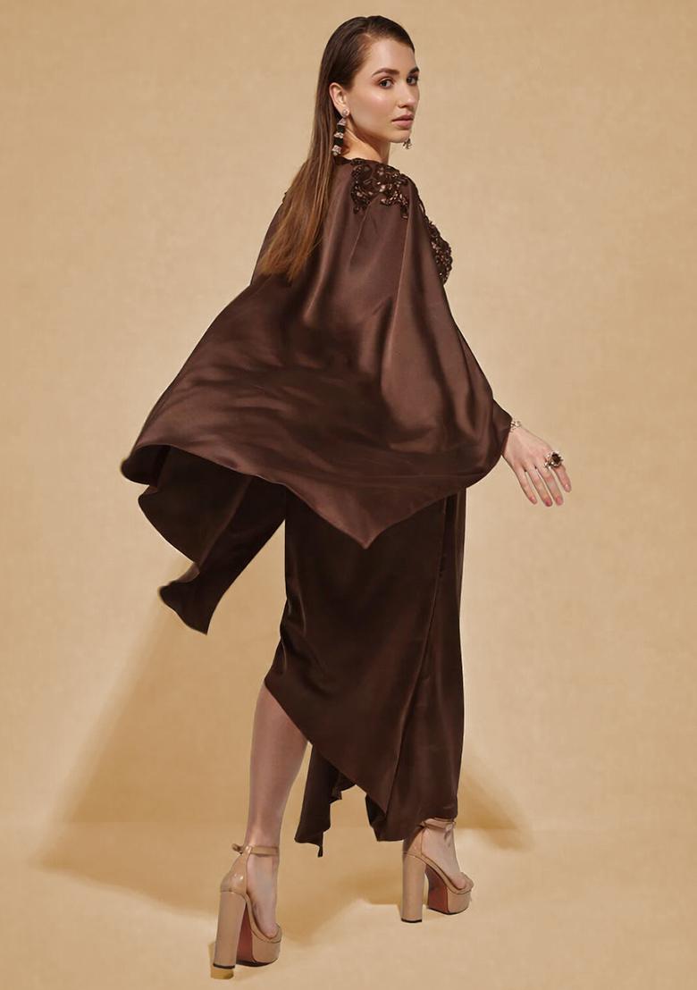 Brown Satin Handwork Fusion Set - Indya