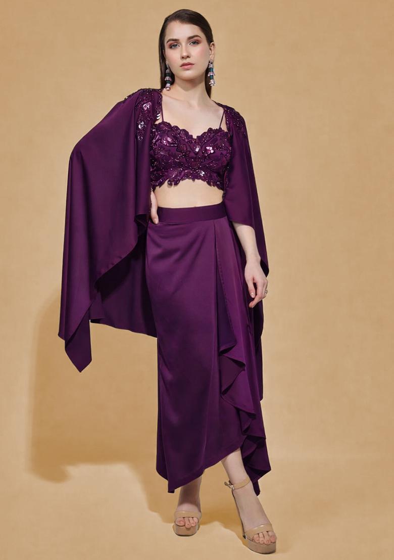 Purple Satin Handwork Fusion Set - Indya