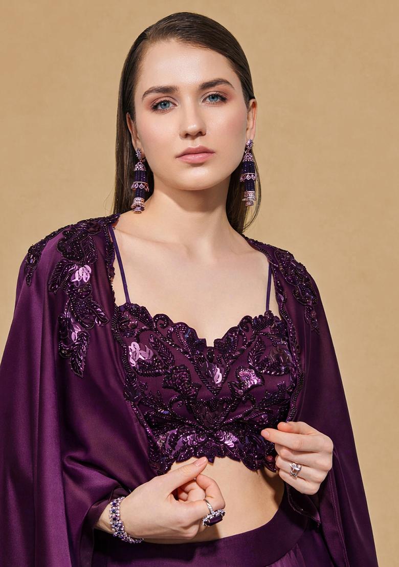 Purple Satin Handwork Fusion Set - Indya