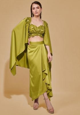Leaf Green Satin Handwork Fusion Set