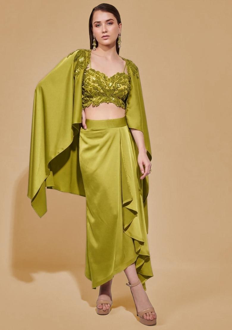 Leaf Green Satin Handwork Fusion Set - Indya