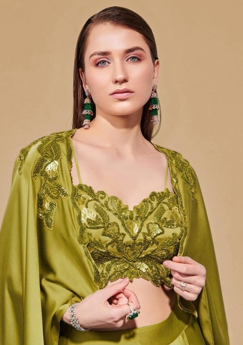 Leaf Green Satin Handwork Fusion Set - Indya