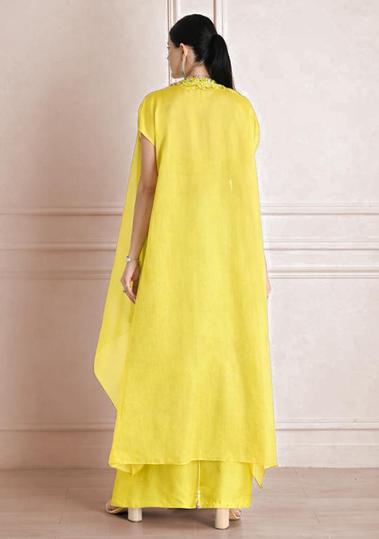 Yellow Satin Handwork Fusion Set - Indya