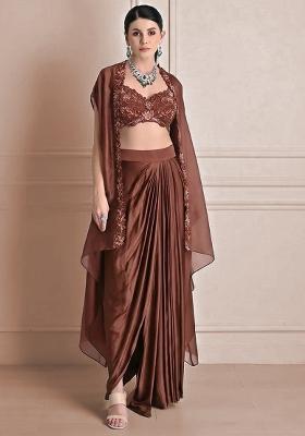 Brown Satin Handwork Fusion Set