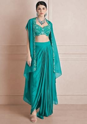 Teal Blue Satin Handwork Fusion Set