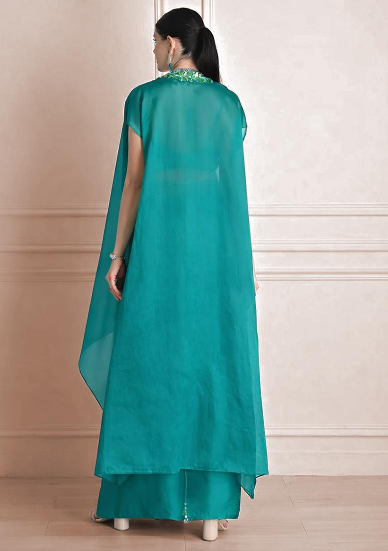 Teal Blue Satin Handwork Fusion Set - Indya