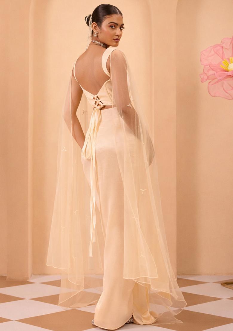 Soft Peach Satin Handwork Fusion Set - Indya