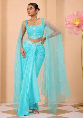 Blue Satin Handwork Fusion Set