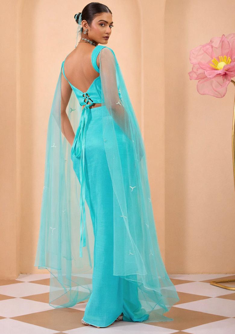 Blue Satin Handwork Fusion Set - Indya