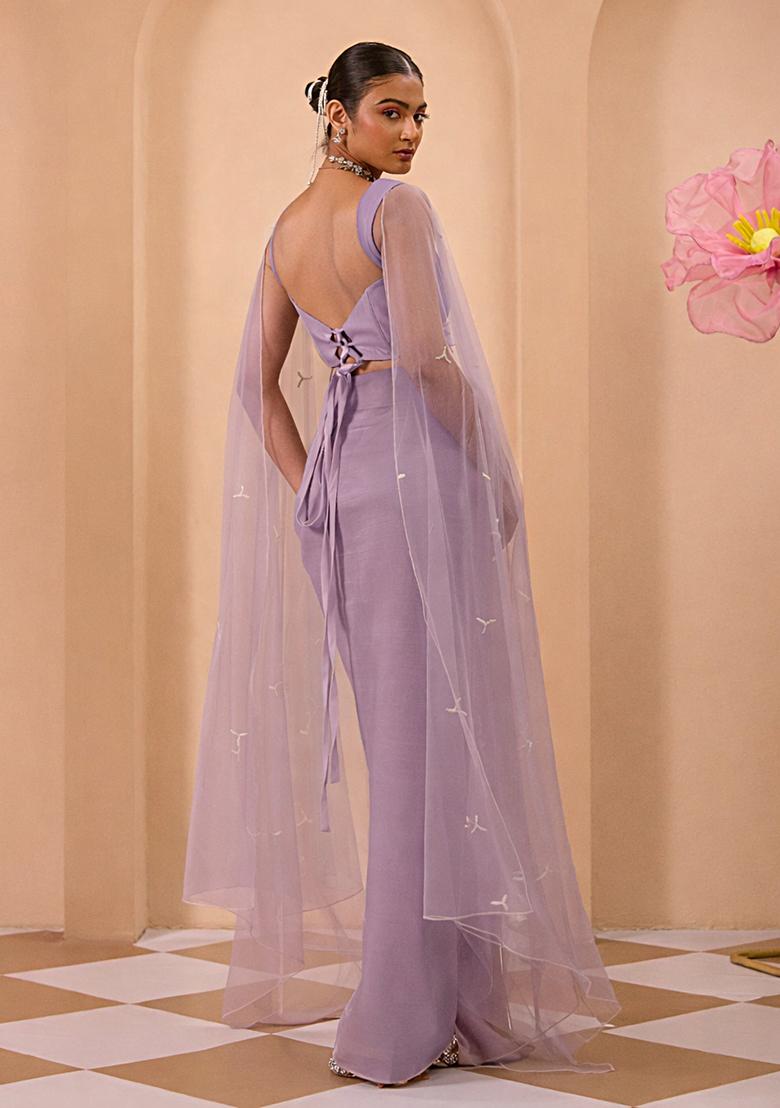 Dusty Lavender Satin Handwork Fusion Set - Indya