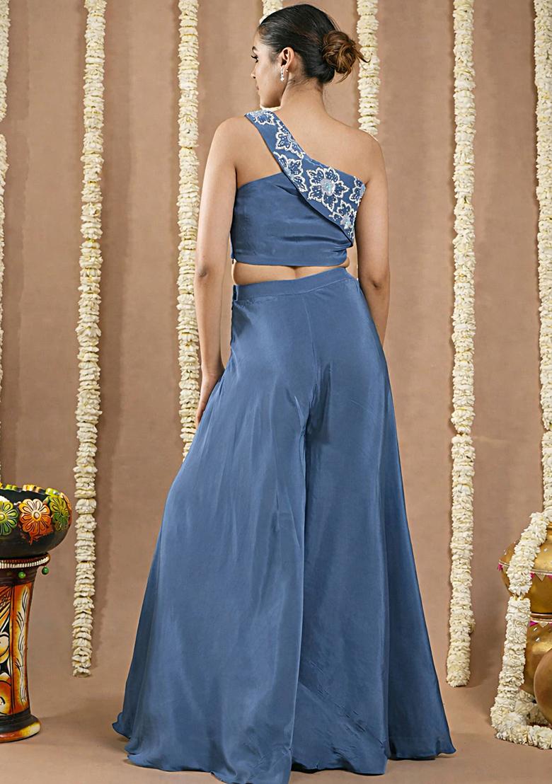 Midnight Blue Crepe Handwork Fusion Set - Indya