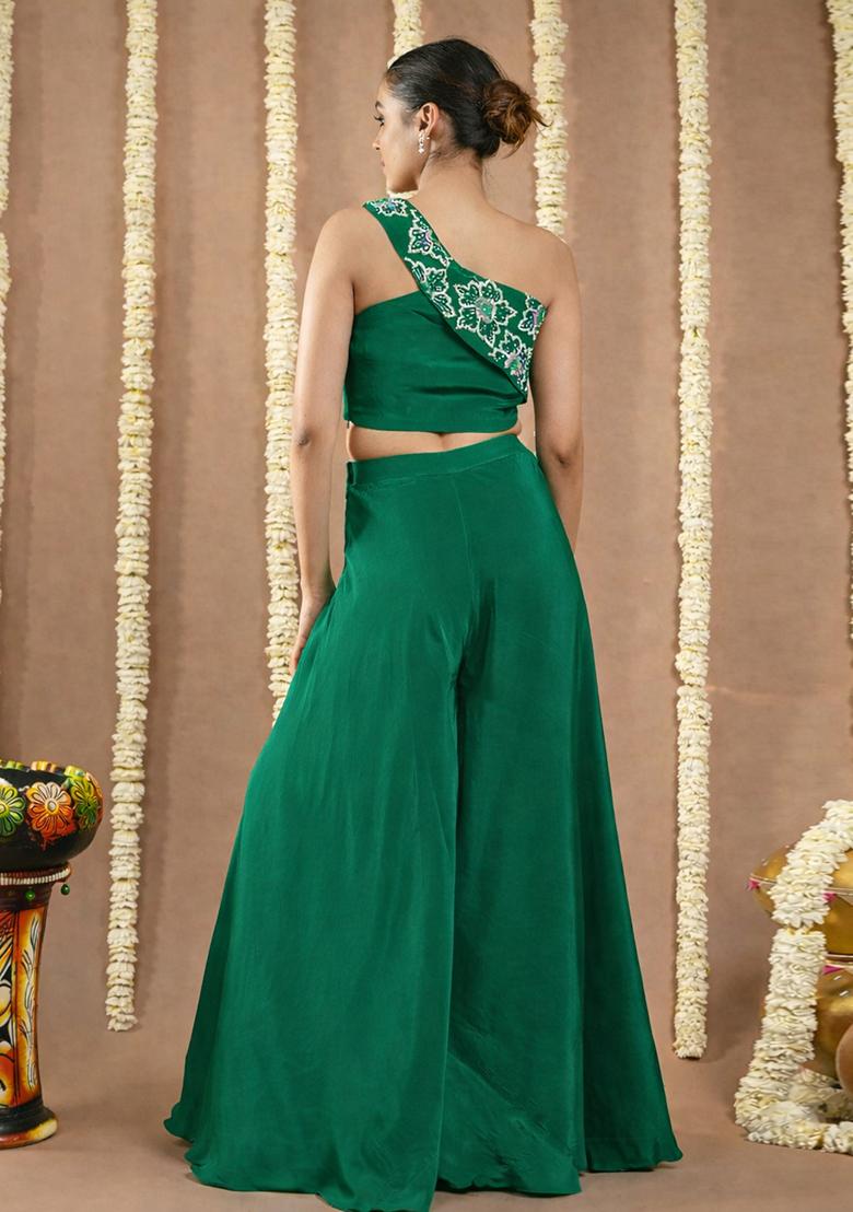 Bottle Green Crepe Handwork Fusion Set - Indya