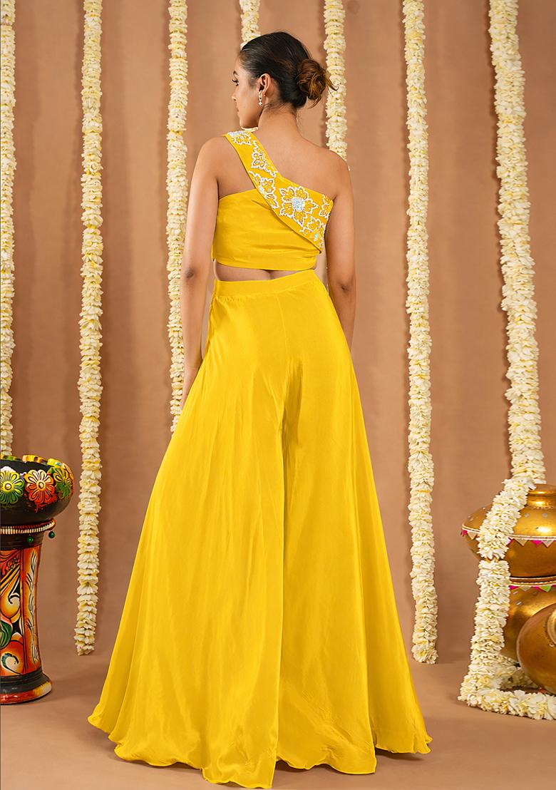 Yellow Crepe Handwork Fusion Set - Indya