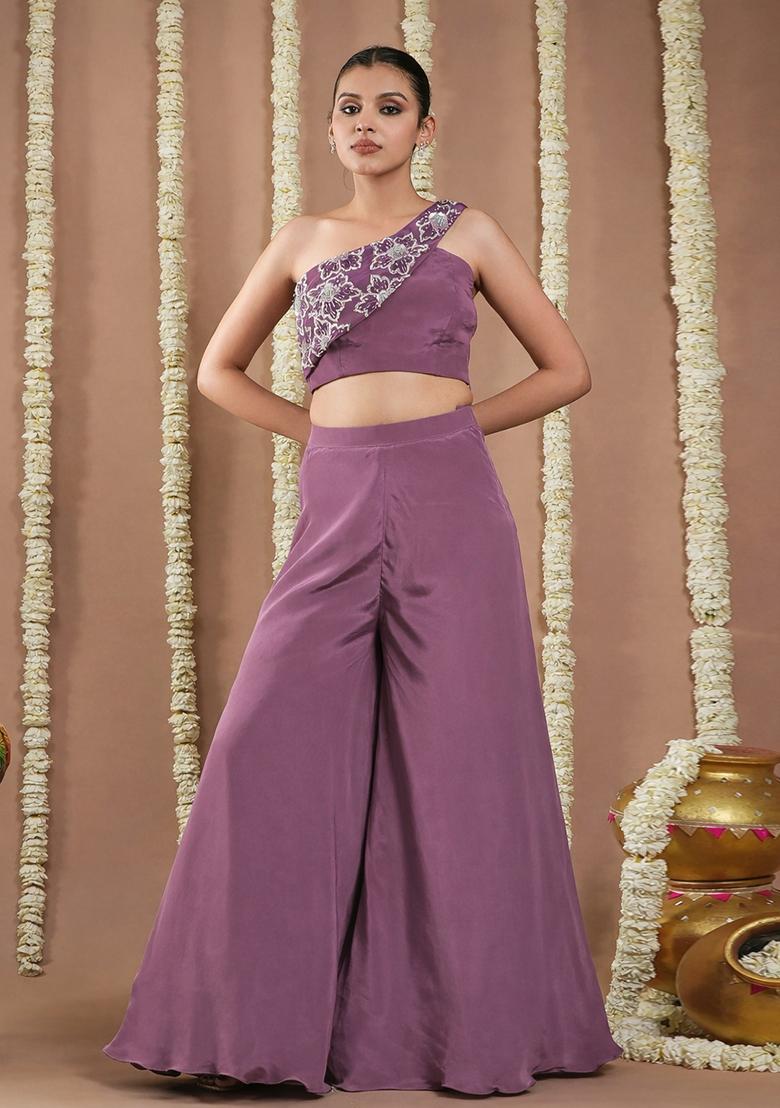 Mauve Crepe Handwork Fusion Set - Indya