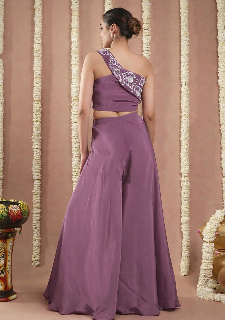 Mauve Crepe Handwork Fusion Set - Indya