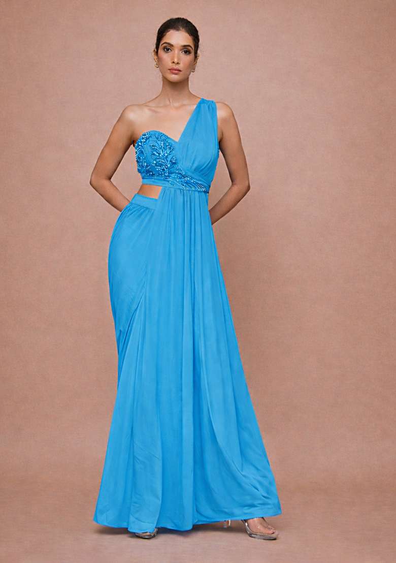 Turquoise Blue Crepe Handwork Fusion Set for Diwali and Festive Wear - Indya