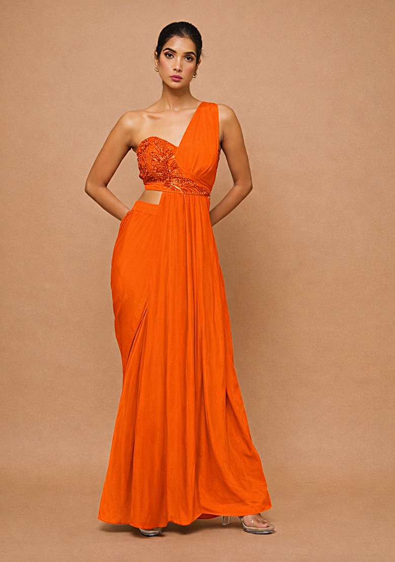Orange Crepe Handwork Fusion Set for Diwali and Festive Wear - Indya