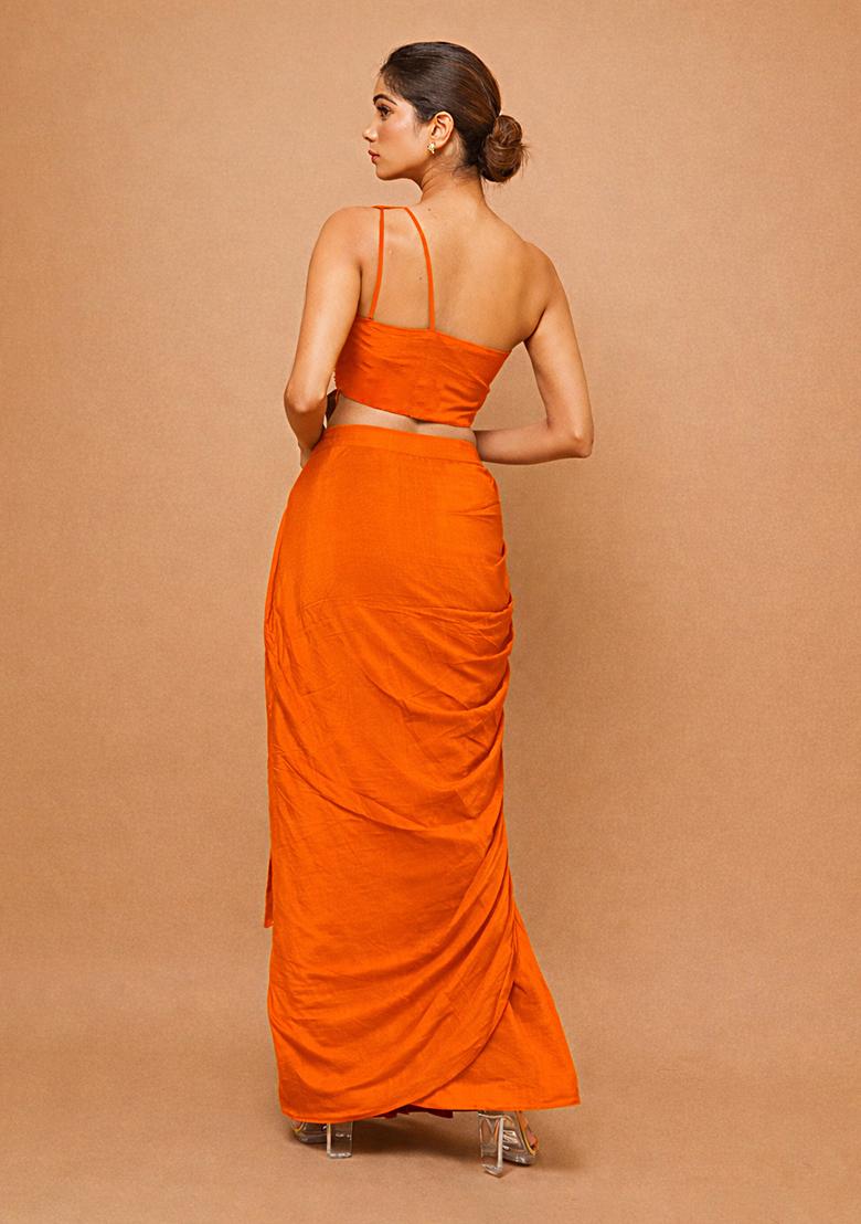 Orange Crepe Handwork Fusion Set - Indya
