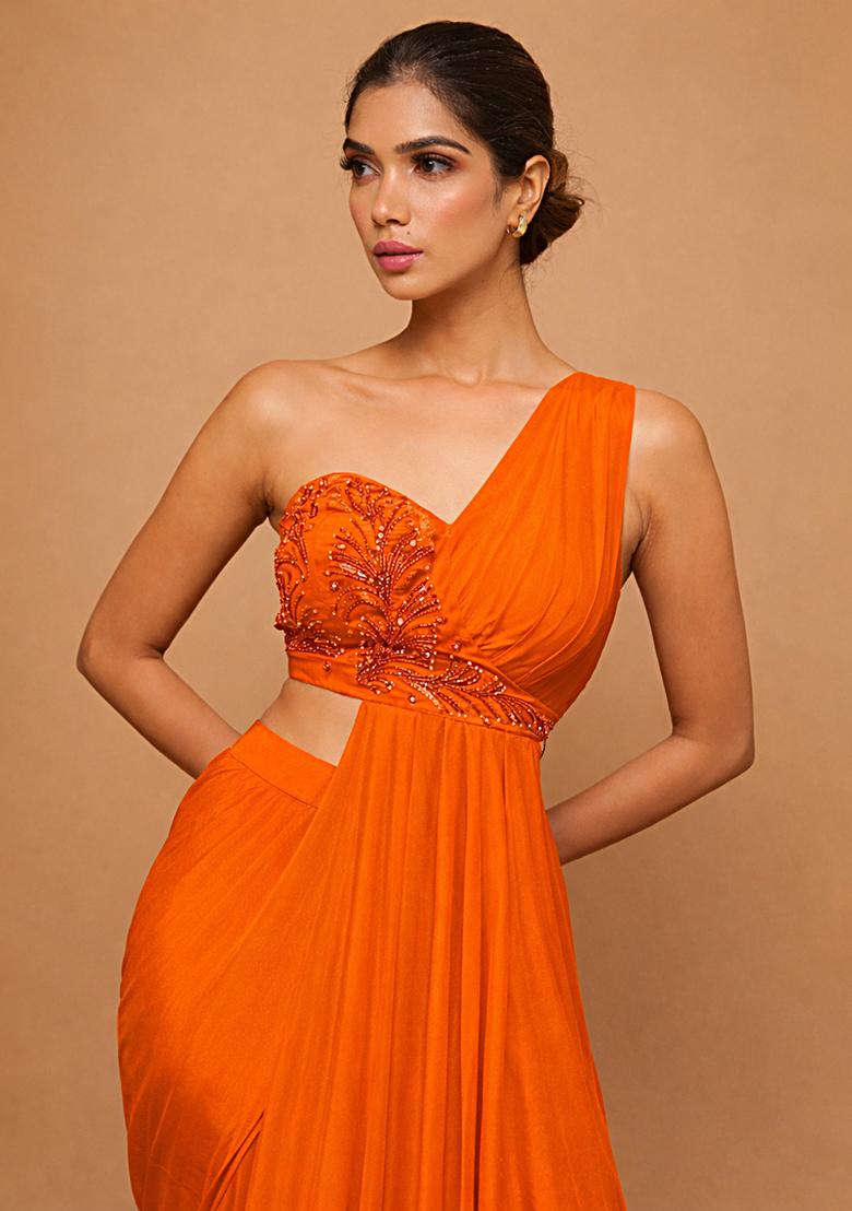 Orange Crepe Handwork Fusion Set - Indya
