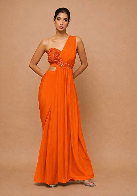Orange Crepe Handwork Fusion Set for Diwali and Festive Wear