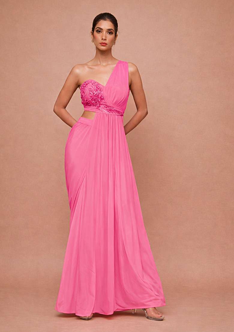Pink Crepe Fusion Set with Handwork for Diwali | Wedding & Festive Wear - Indya