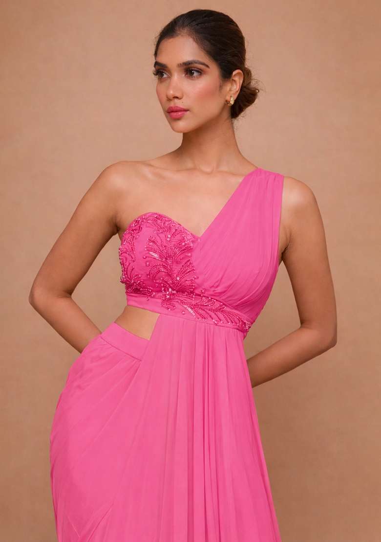 Pink Crepe Fusion Set with Handwork for Diwali | Wedding & Festive Wear - Indya