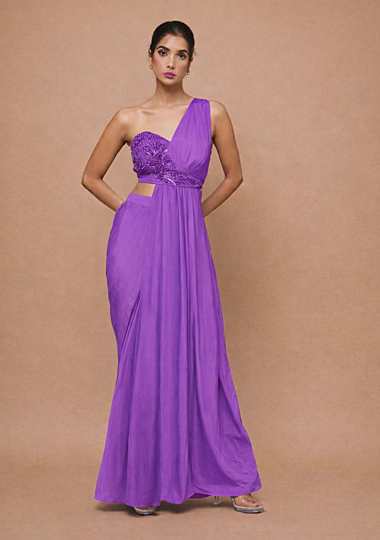 Purple Crepe Fusion Set with Handwork for Diwali | Wedding & Festive Wear - Indya