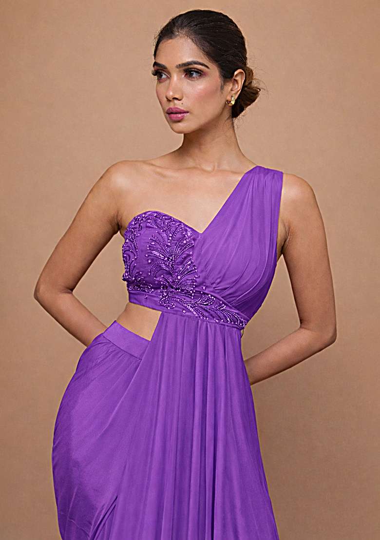 Purple Crepe Fusion Set with Handwork for Diwali | Wedding & Festive Wear - Indya