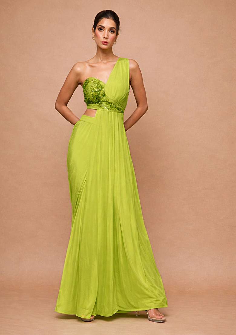 Lime Green Crepe Handwork Fusion Set for Diwali and Festive Wear - Indya