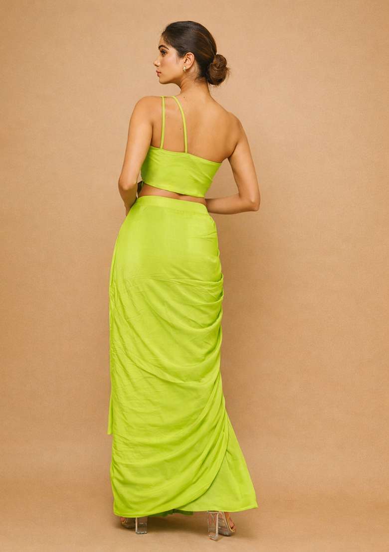 Lime Green Crepe Handwork Fusion Set for Diwali and Festive Wear - Indya