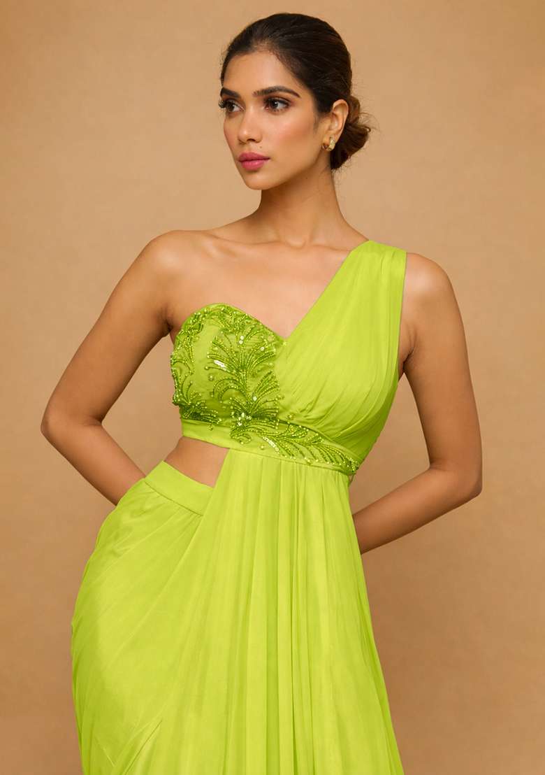 Lime Green Crepe Handwork Fusion Set for Diwali and Festive Wear - Indya