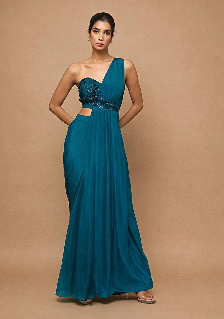 Teal Green Crepe Fusion Set with Handwork for Diwali | Wedding & Festive Wear - Indya